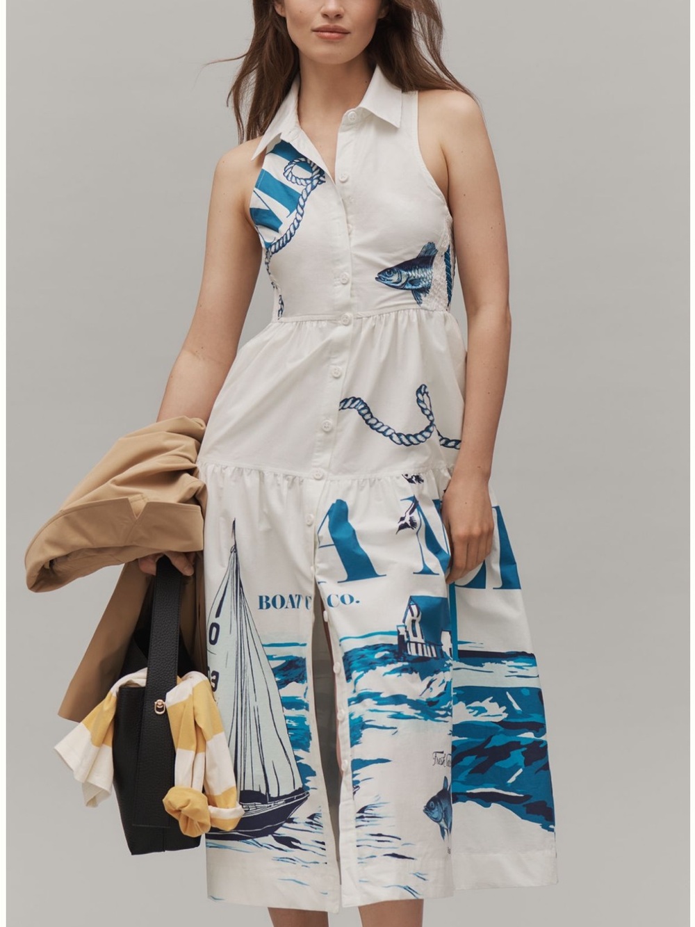 Maeve Sleeveless White Midi Dress with Blue Nautical Print